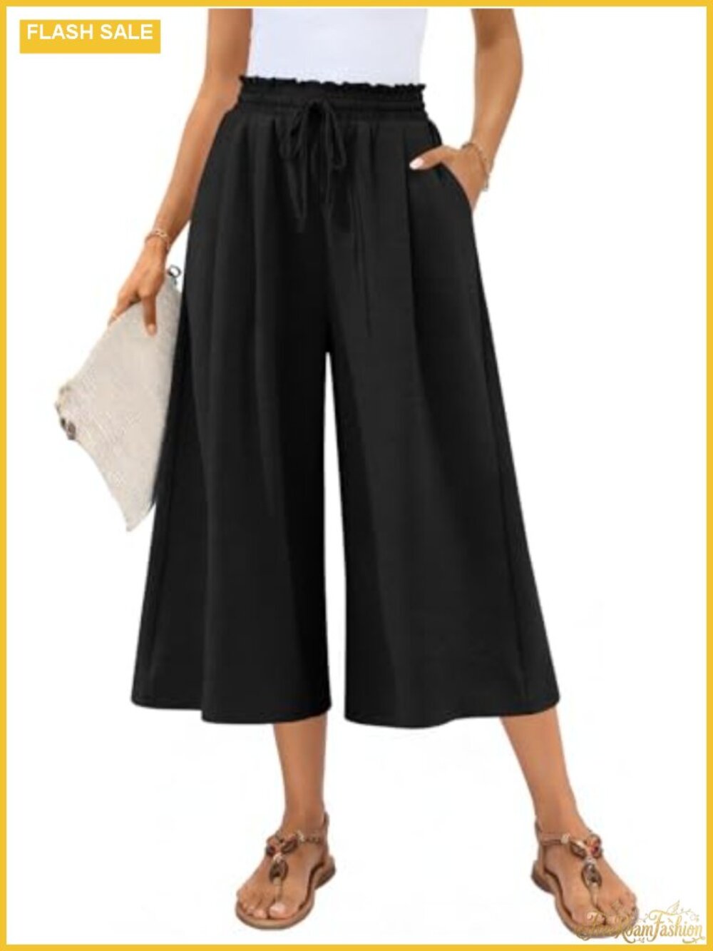 Women's High Waisted Wide Leg Capri Palazzo Pants with Pockets Flowy Boho Gau